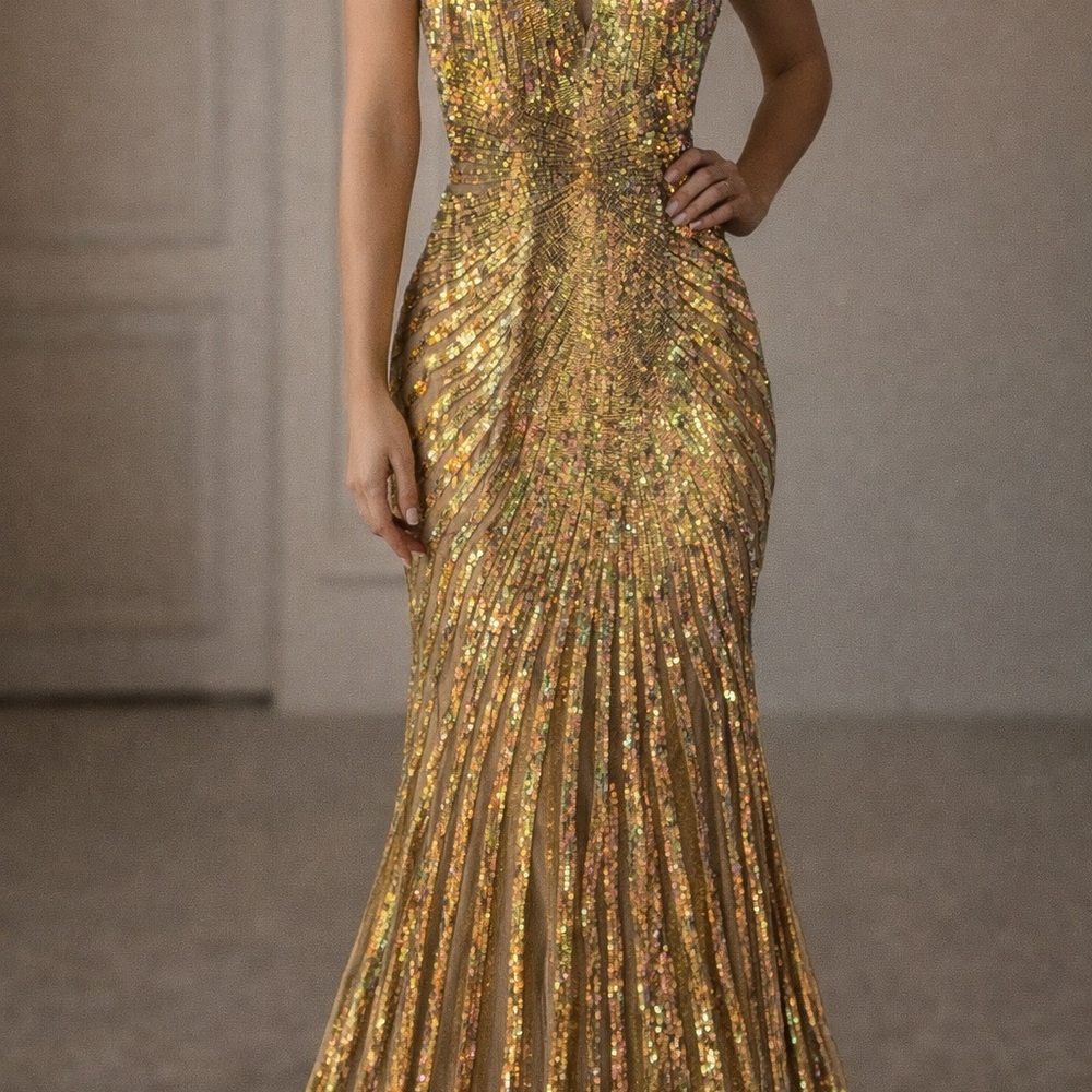 Primavera Goldish multicolor Promavera  Sequin Evening Gown - Formal Dress